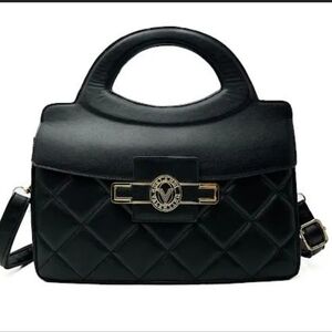 Valentino Orlandi Black Quilted Satchel with Gold Accents
